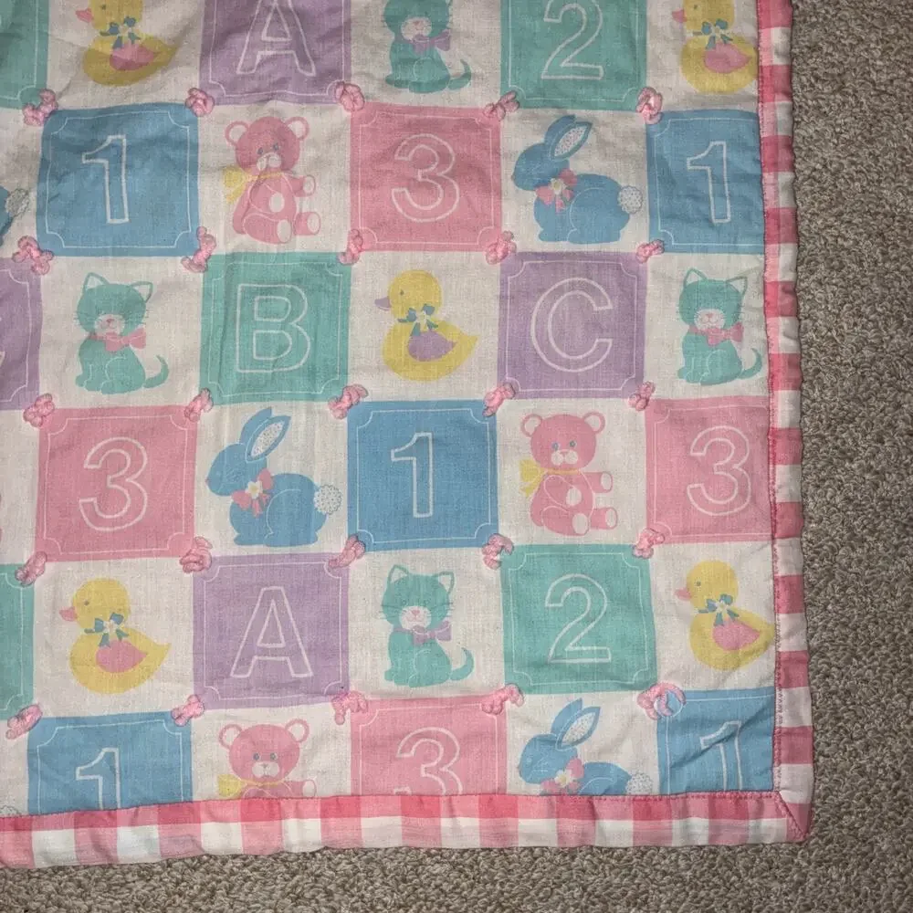 Vintage Handmade Baby Quilt Pastel Blocks Number Letter 123‎ ABC Bear Bunny Duck